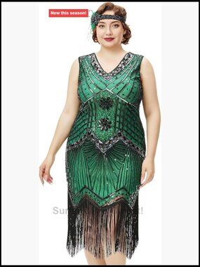 Plus Size Flapper Dress 1920s V Neck Beaded Fringed Great Gatsby Swing Dress